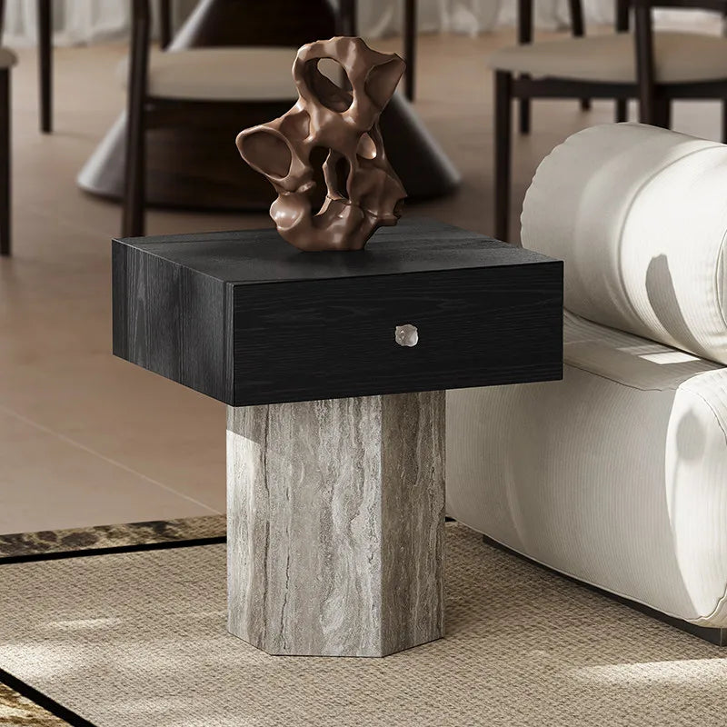 The Artisan's End Table - Natural Stone & Wood with Drawer - Architectural Natural Stone Furniture | LuxuryMarbleHome