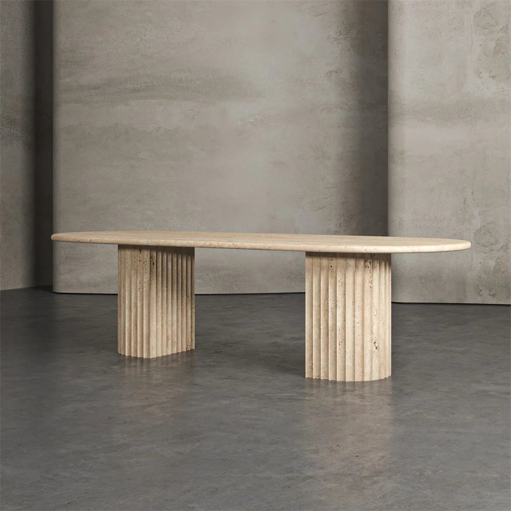 Solid Travertine Oval Dining Table Side Perspective | LuxuryMarbleHome