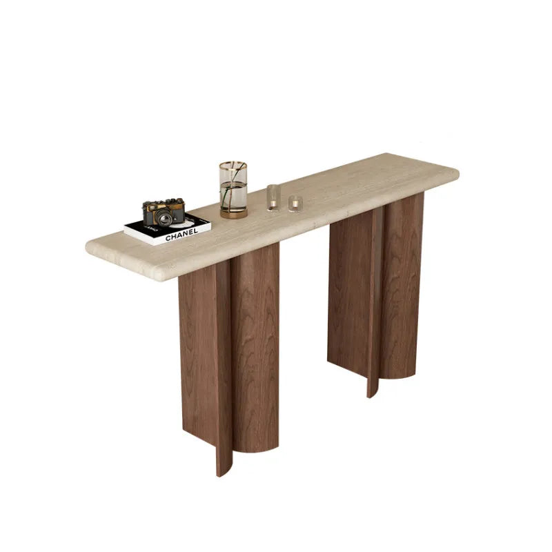 The Meridian Pillar: Solid Travertine & Walnut Veneer Console - Architectural Natural Stone Furniture | LuxuryMarbleHome