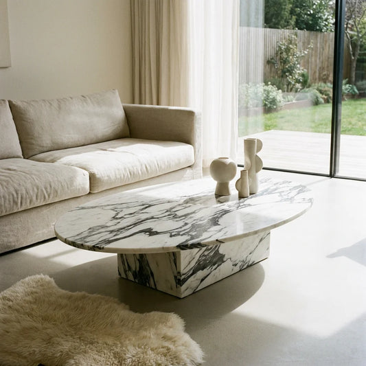 Luxury 43 inch Oval Natural Elephant White Marble Coffee Table - Modern Low Plinth Center Table - Architectural Natural Stone Furniture | LuxuryMarbleHome