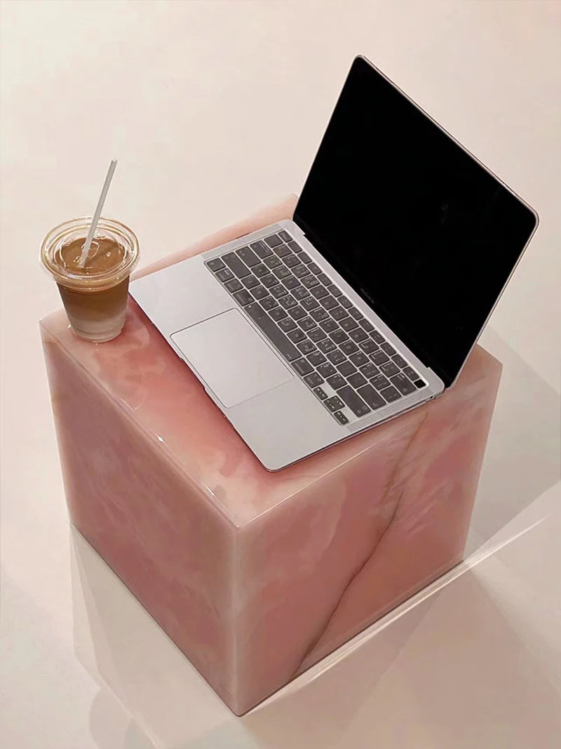 Lifestyle View: Pink Jade Marble Side Table as Laptop Desk | LuxuryMarbleHome