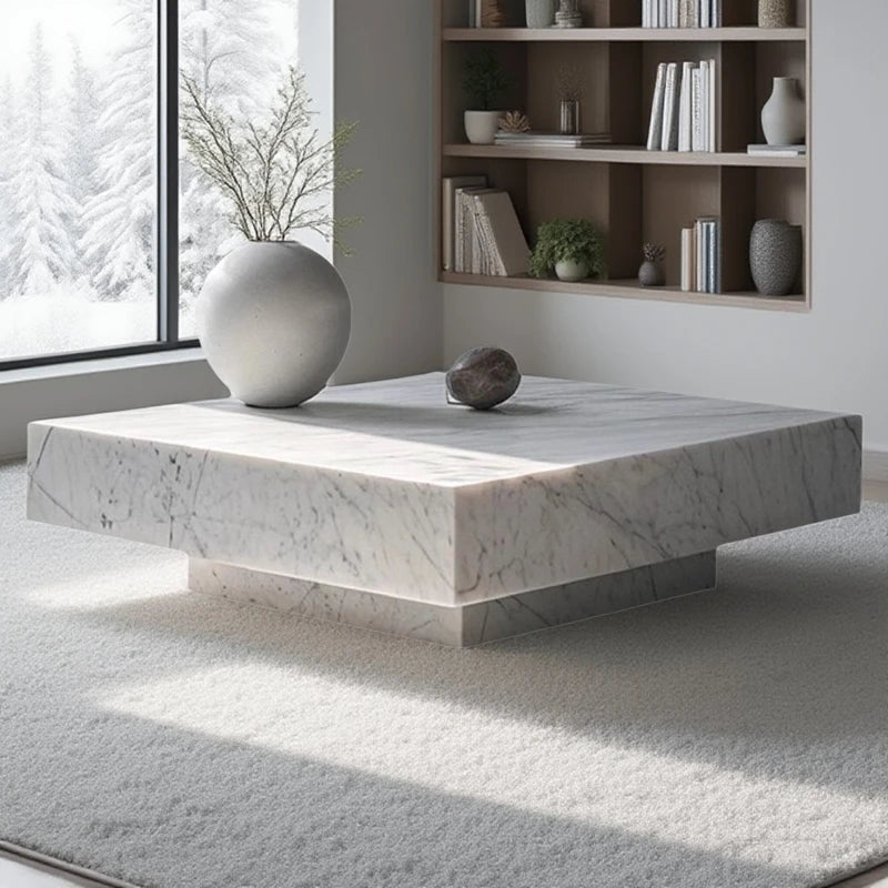 Carrara White Marble Cube Coffee Table - Monolithic Pedestal Design - Architectural Natural Stone Furniture | LuxuryMarbleHome