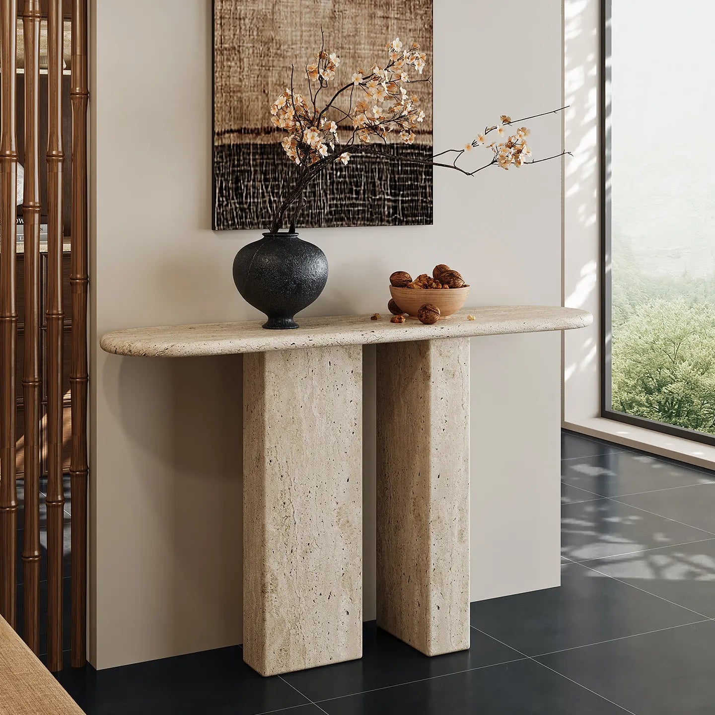 The Pillar Monolith: Double-Plinth Travertine Console - Architectural Natural Stone Furniture | LuxuryMarbleHome
