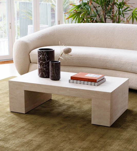 Classic Cream Travertine Coffee Table - Minimalist Monolithic Bridge Design - Architectural Natural Stone Furniture | LuxuryMarbleHome