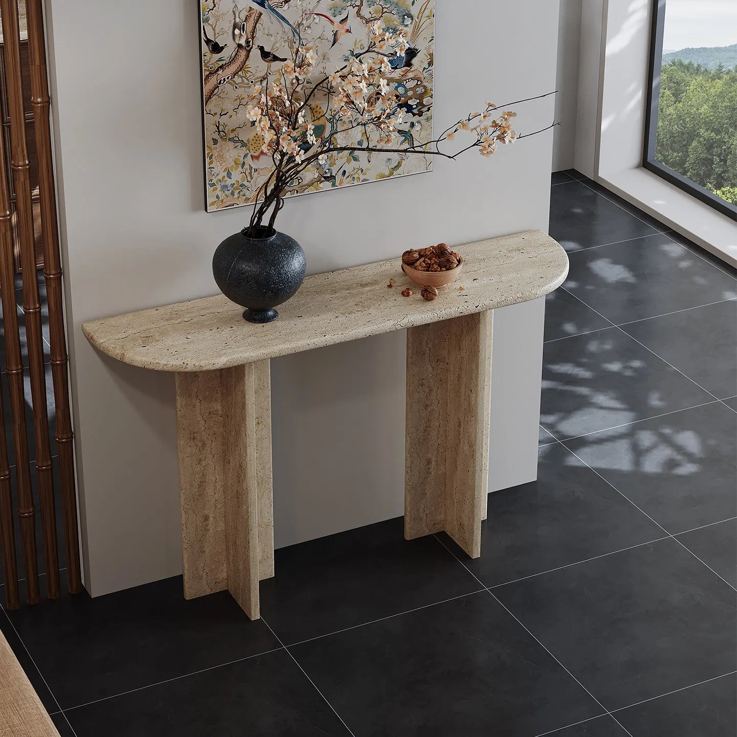 The Meridian - Wave & Straight Edge Travertine Console Table - Architectural Natural Stone Furniture | LuxuryMarbleHome