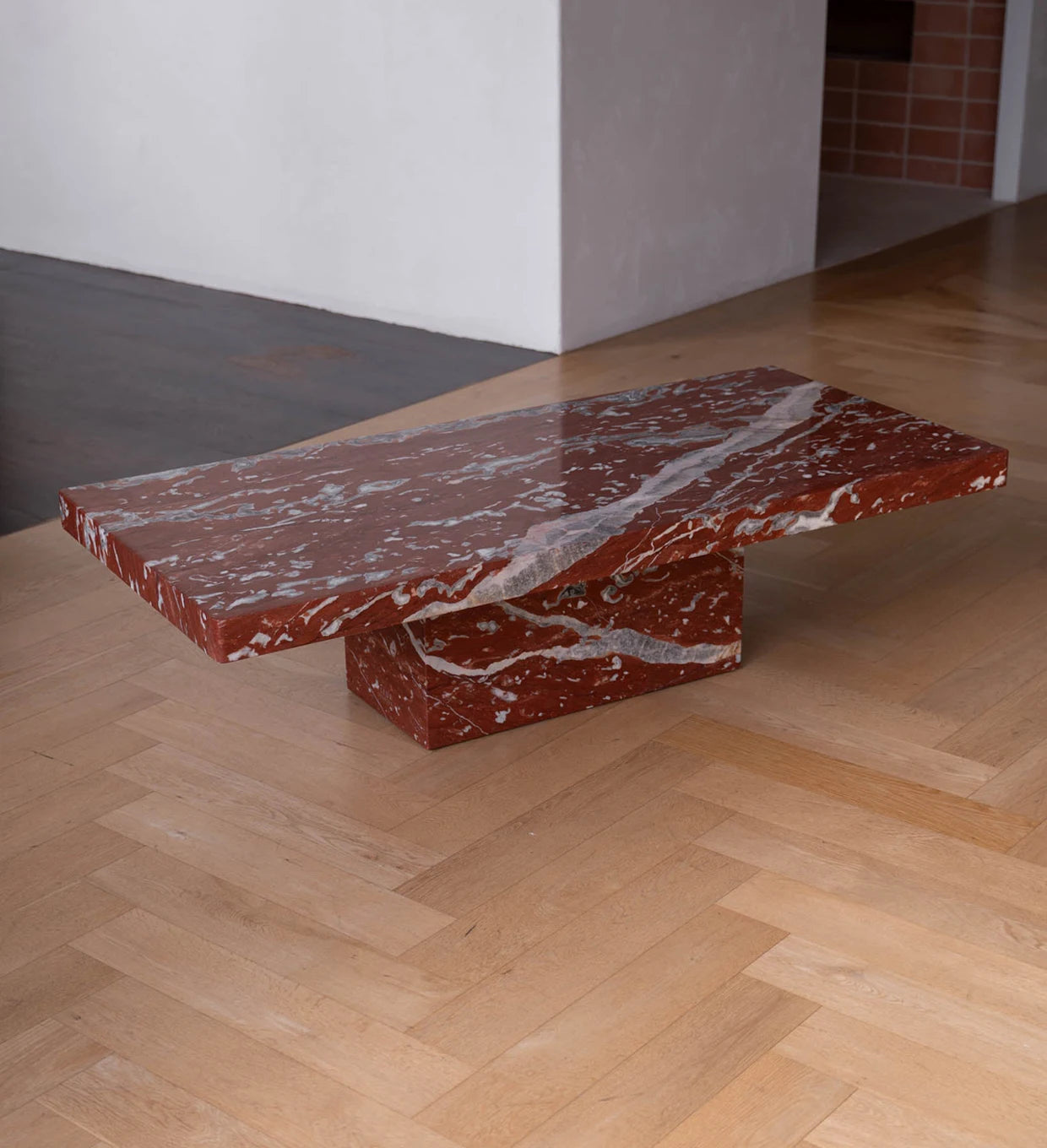 Rosso Francia Red Marble Coffee Table - Monolithic Pedestal Design - Architectural Natural Stone Furniture | LuxuryMarbleHome