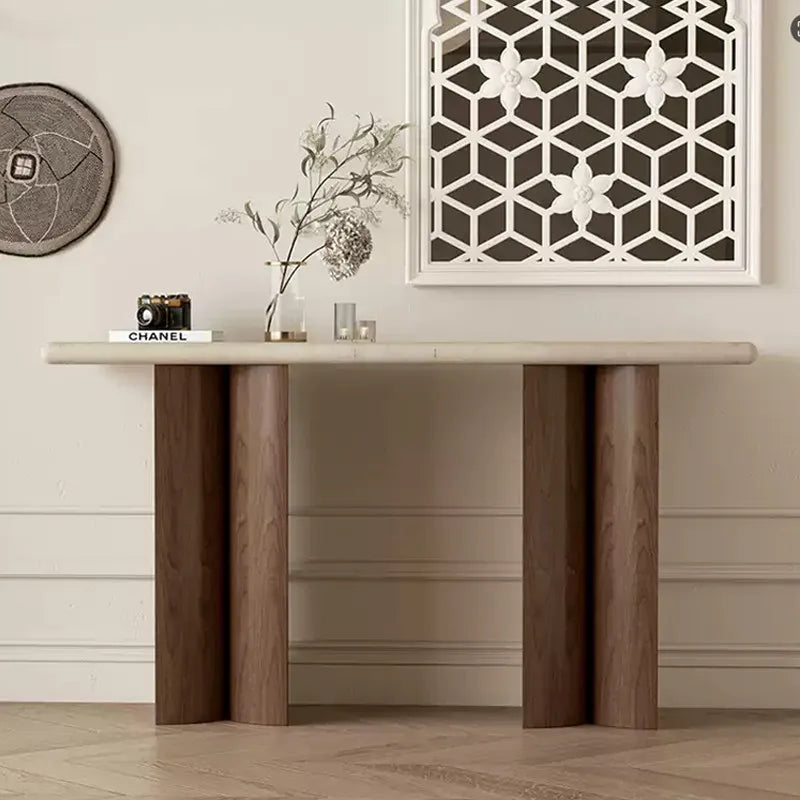 The Meridian Pillar: Solid Travertine & Walnut Veneer Console - Architectural Natural Stone Furniture | LuxuryMarbleHome