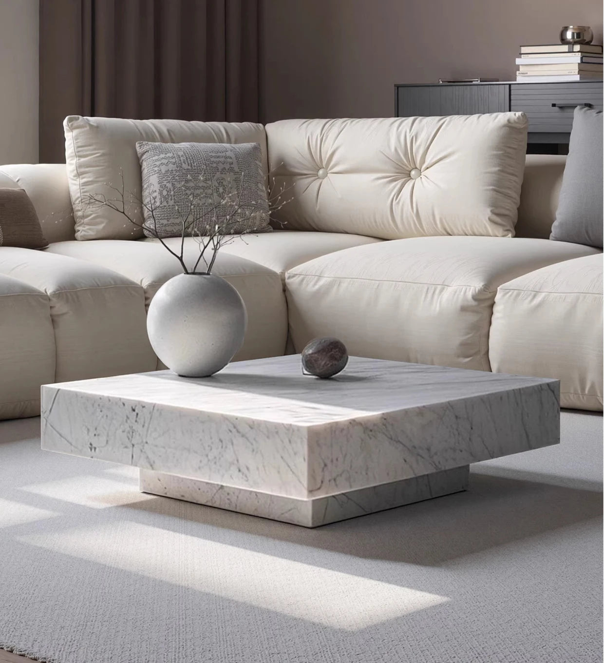 Carrara White Marble Cube Coffee Table - Monolithic Pedestal Design - Architectural Natural Stone Furniture | LuxuryMarbleHome