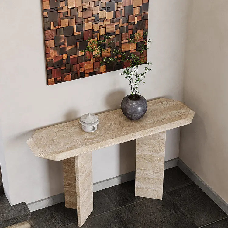 The Geometric Monolith: Faceted Natural Travertine Console - Architectural Natural Stone Furniture | LuxuryMarbleHome