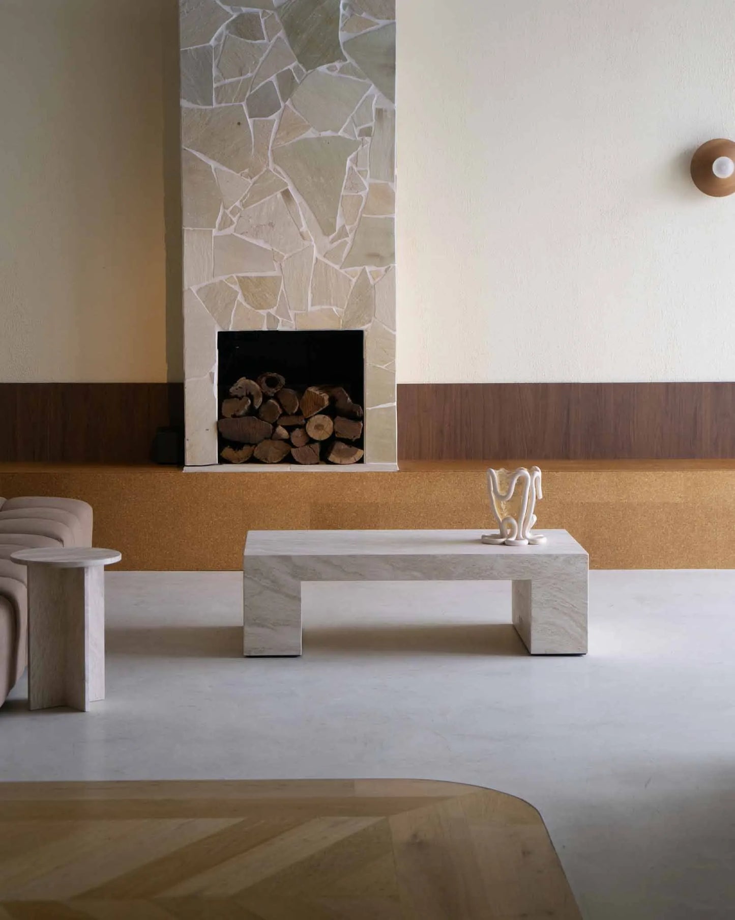 Classic Cream Travertine Coffee Table - Minimalist Monolithic Bridge Design - Architectural Natural Stone Furniture | LuxuryMarbleHome