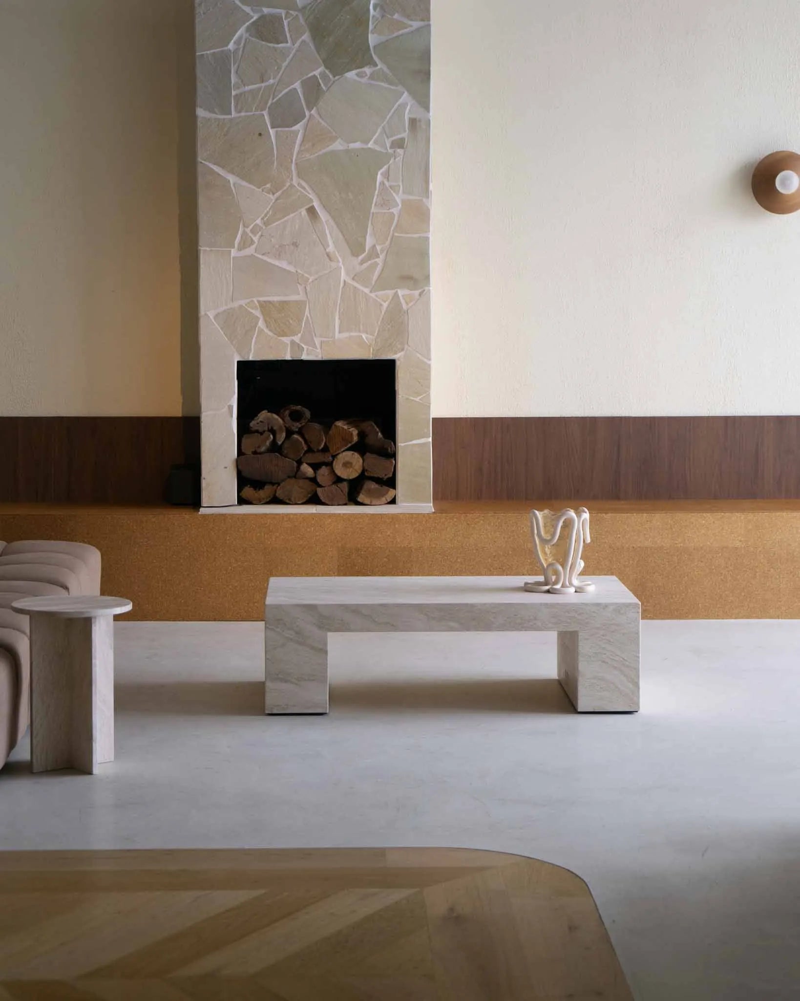 Classic Cream Travertine Coffee Table - Minimalist Monolithic Bridge Design - Architectural Natural Stone Furniture | LuxuryMarbleHome