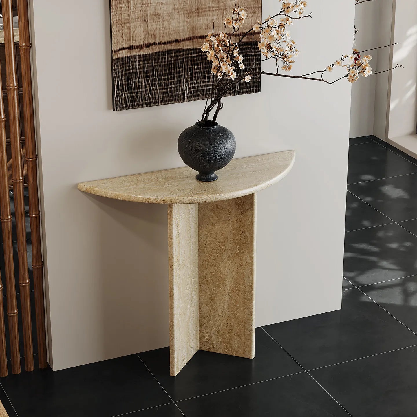 The Crescent Monolith: Rosso Travertine Console - Architectural Natural Stone Furniture | LuxuryMarbleHome