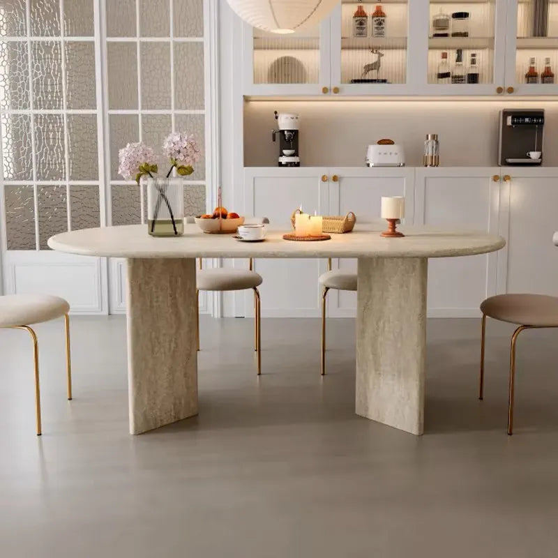 Classic Roman 63-79 inch Natural Travertine Dining Table - Sculptural Monolith Design - Architectural Natural Stone Furniture | LuxuryMarbleHome