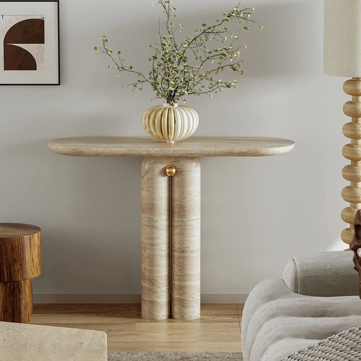 The Orb Monolith: Gold-Accented Travertine Console - Architectural Natural Stone Furniture | LuxuryMarbleHome