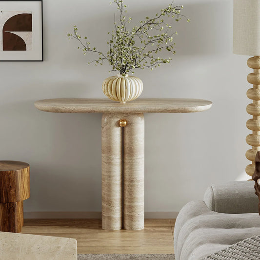 The Orb Monolith: Gold-Accented Travertine Console - Architectural Natural Stone Furniture | LuxuryMarbleHome
