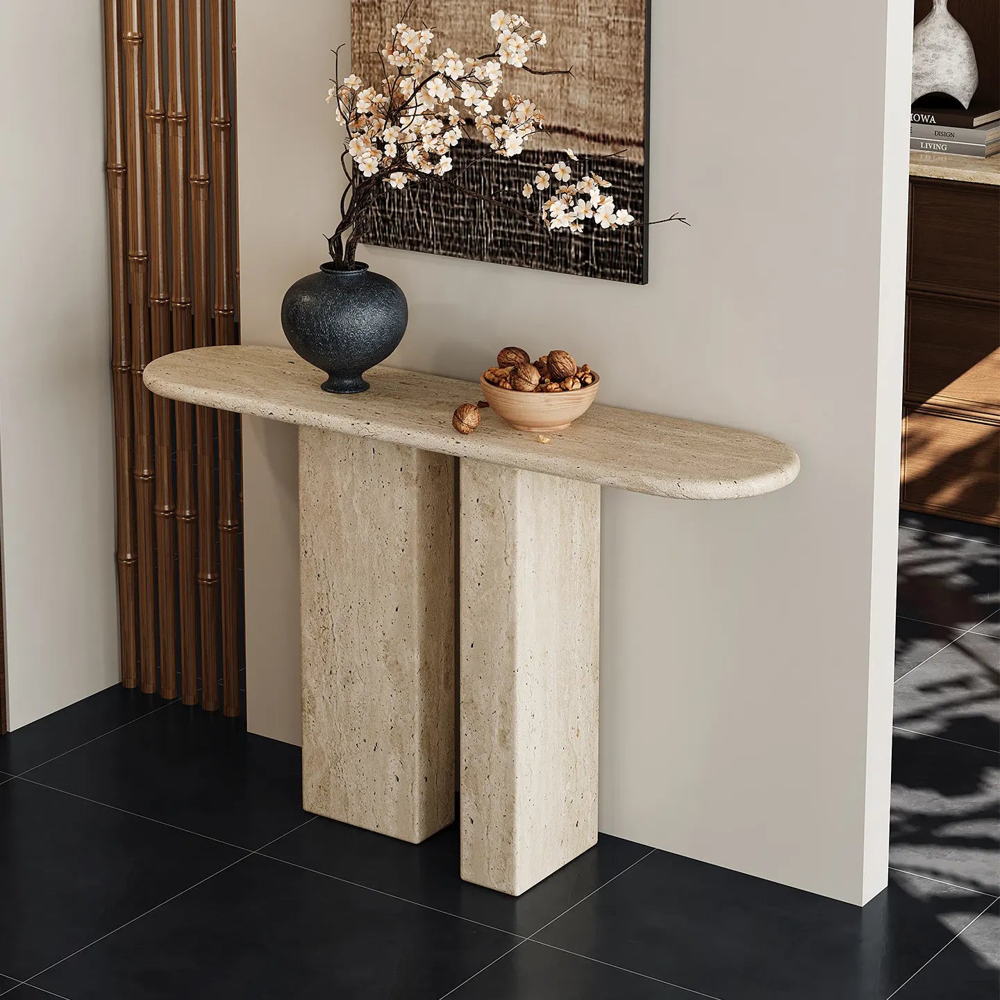 The Pillar Monolith: Double-Plinth Travertine Console - Architectural Natural Stone Furniture | LuxuryMarbleHome