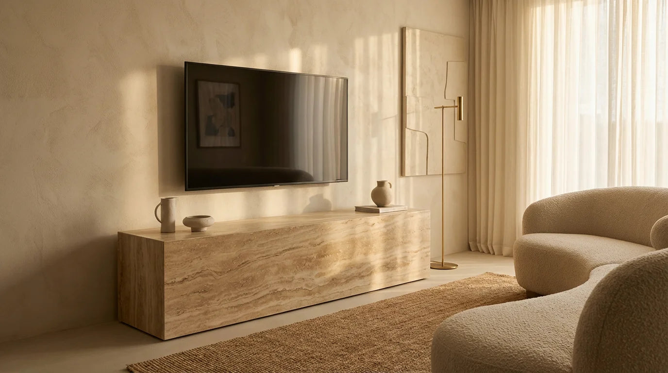C-011 Lifestyle Scene | Architectural Travertine TV Stand | LuxuryMarbleHome