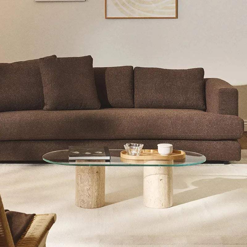 The Aura Travertine & Glass Coffee Table - Architectural Natural Stone Furniture | LuxuryMarbleHome
