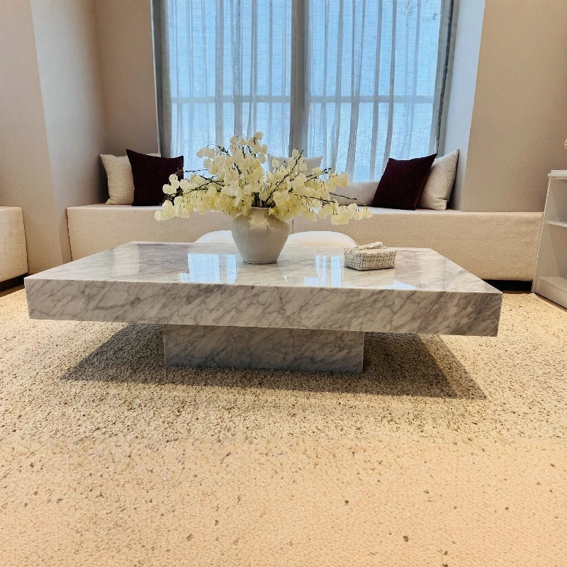 Carrara White Marble Cube Coffee Table - Monolithic Pedestal Design - Architectural Natural Stone Furniture | LuxuryMarbleHome