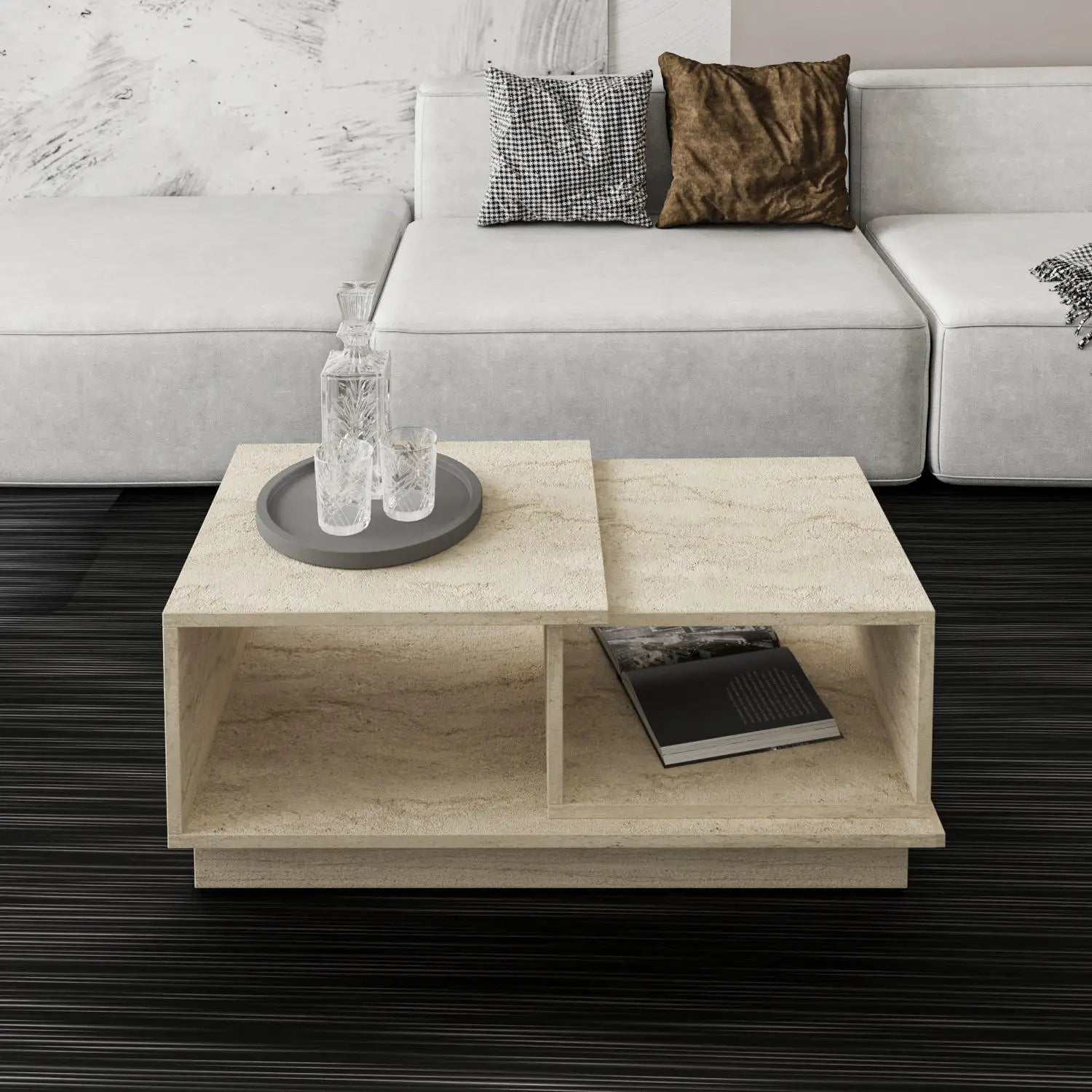 Top View: Interlocking Geometric Form of Natural Travertine Coffee Table | LuxuryMarbleHome