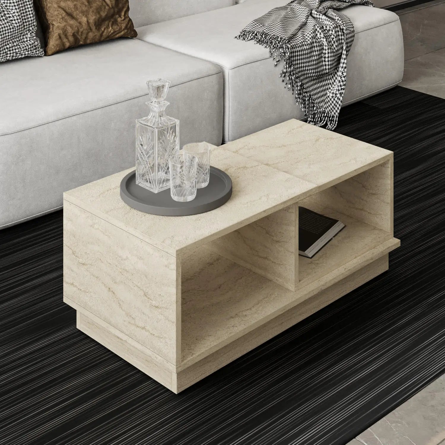 Modern Asymmetric Monolithic Travertine Coffee Table with Storage | LuxuryMarbleHome