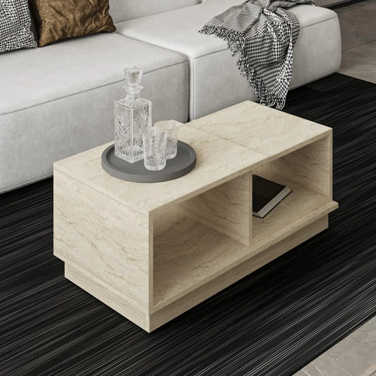 Modern Asymmetric Monolithic Travertine Coffee Table with Storage | LuxuryMarbleHome