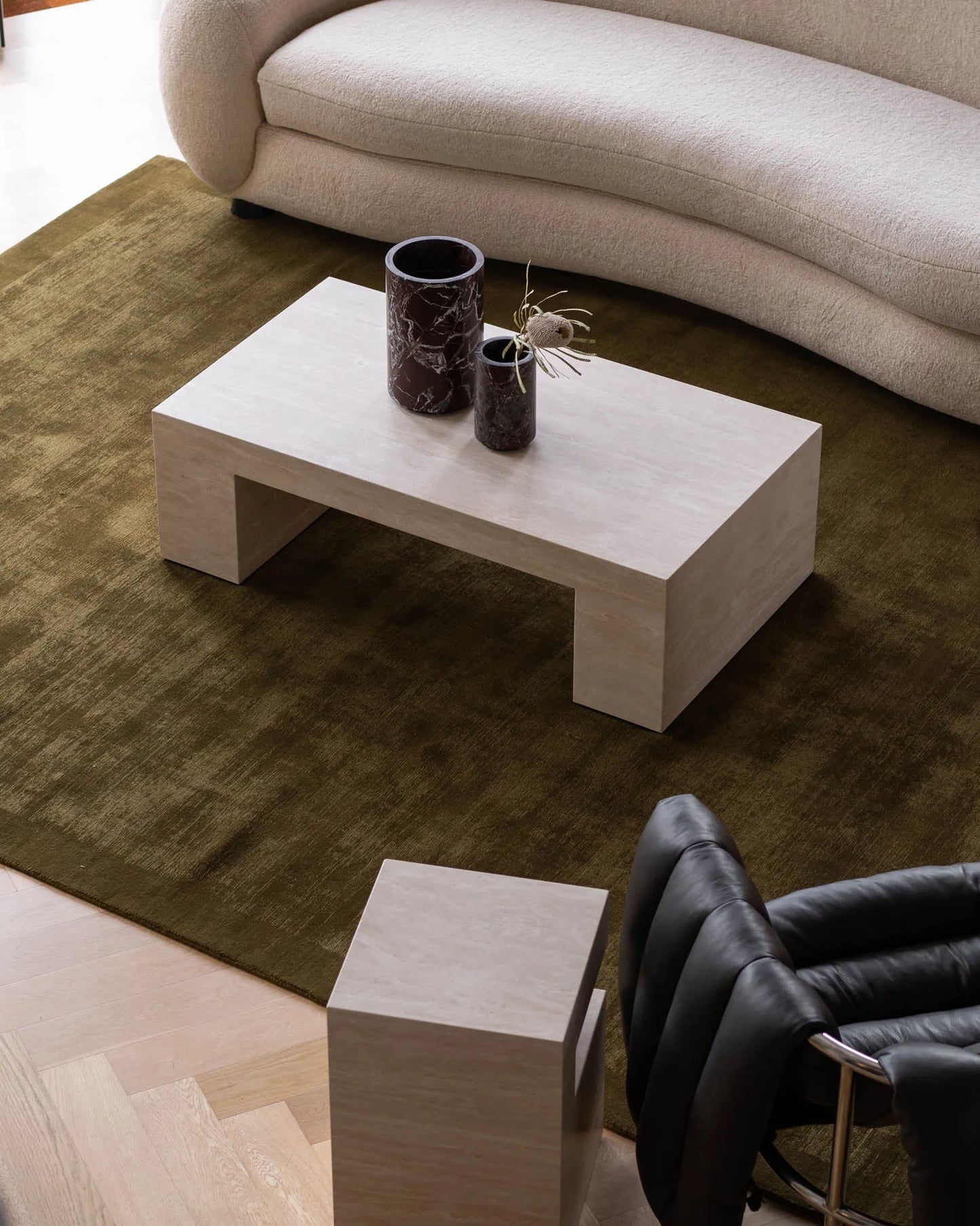 Classic Cream Travertine Coffee Table - Minimalist Monolithic Bridge Design - Architectural Natural Stone Furniture | LuxuryMarbleHome