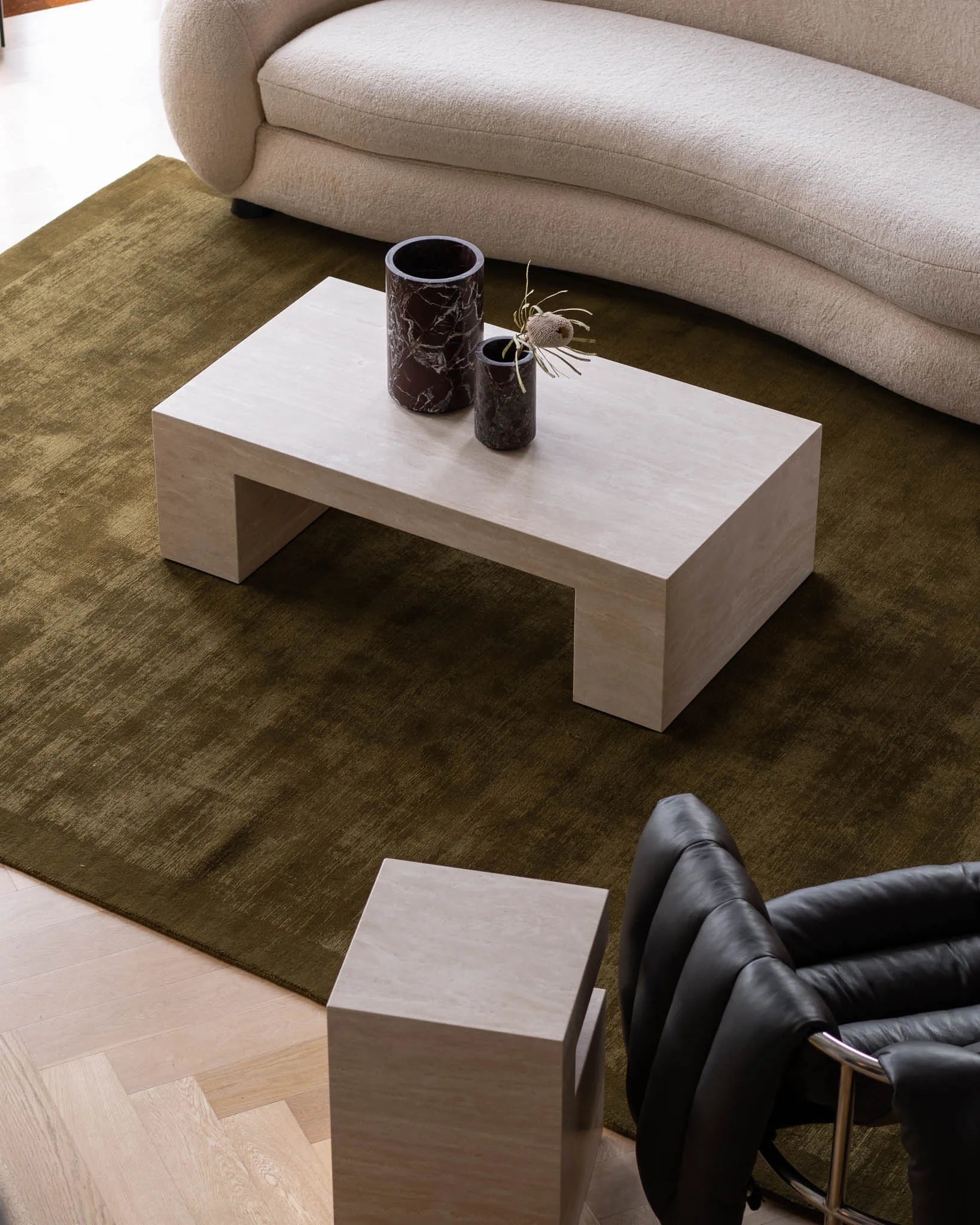 Classic Cream Travertine Coffee Table - Minimalist Monolithic Bridge Design - Architectural Natural Stone Furniture | LuxuryMarbleHome