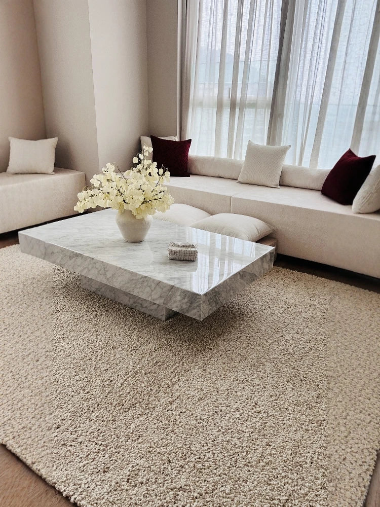 Carrara White Marble Cube Coffee Table - Monolithic Pedestal Design - Architectural Natural Stone Furniture | LuxuryMarbleHome