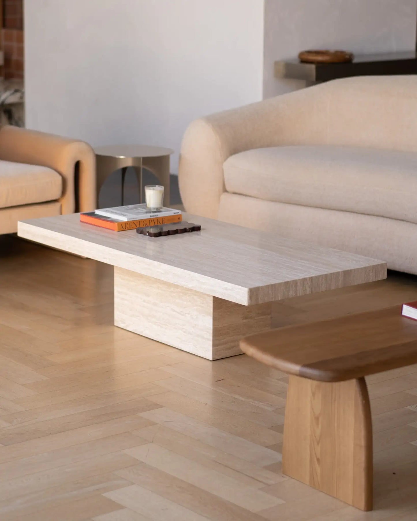 Rectangle Cream Travertine Coffee Table - Minimalist Monolithic Pedestal Design - Architectural Natural Stone Furniture | LuxuryMarbleHome