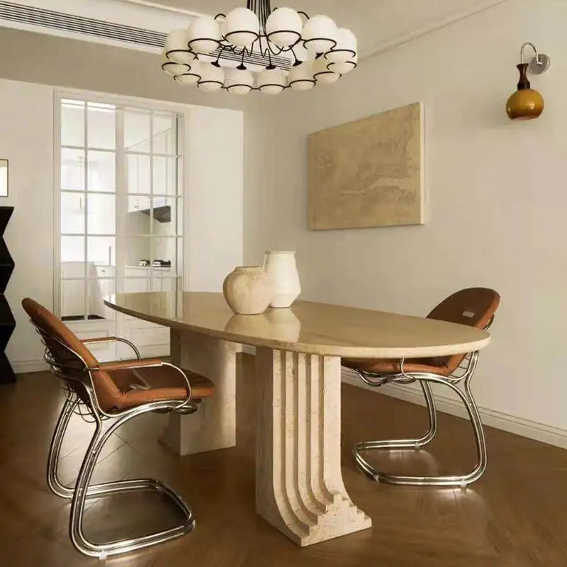 Classic Artisan Travertine Dining Table Collection - Oval, Round & Twin-Pillar Designs - Architectural Natural Stone Furniture | LuxuryMarbleHome