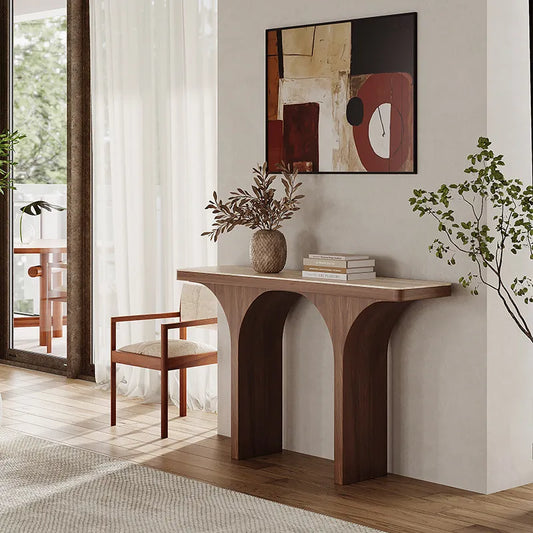 The Archway: Travertine Sintered Stone & Walnut Console - Architectural Natural Stone Furniture | LuxuryMarbleHome