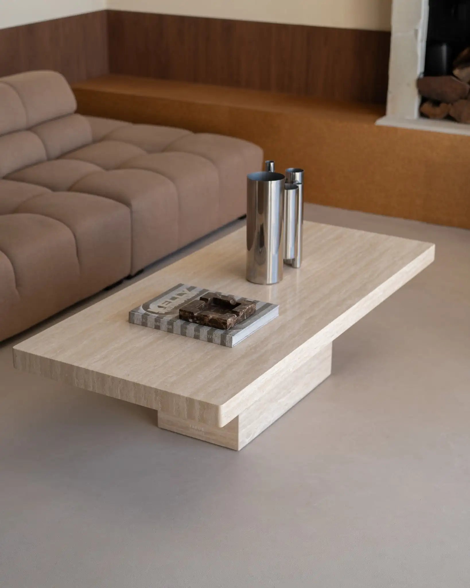 Rectangle Cream Travertine Coffee Table - Minimalist Monolithic Pedestal Design - Architectural Natural Stone Furniture | LuxuryMarbleHome