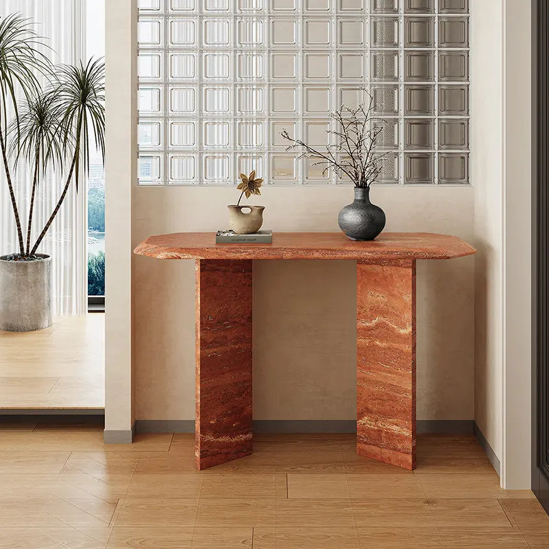 The Geometric Monolith: Faceted Natural Travertine Console - Architectural Natural Stone Furniture | LuxuryMarbleHome