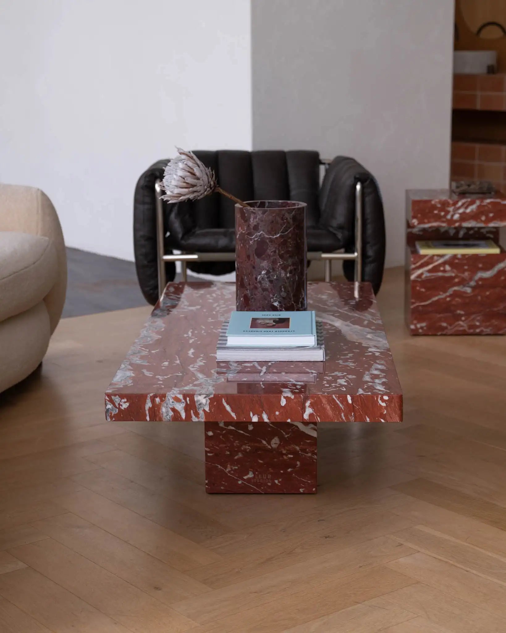 Rosso Francia Red Marble Coffee Table - Monolithic Pedestal Design - Architectural Natural Stone Furniture | LuxuryMarbleHome