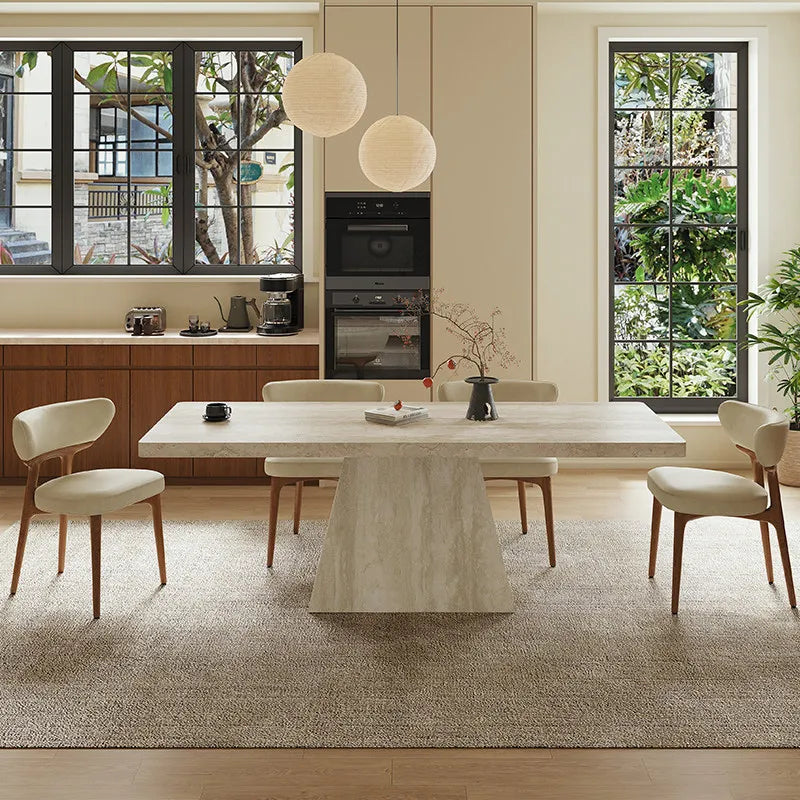 Modernist Travertine Sintered Stone Dining Table - Architectural Column Base - Architectural Natural Stone Furniture | LuxuryMarbleHome