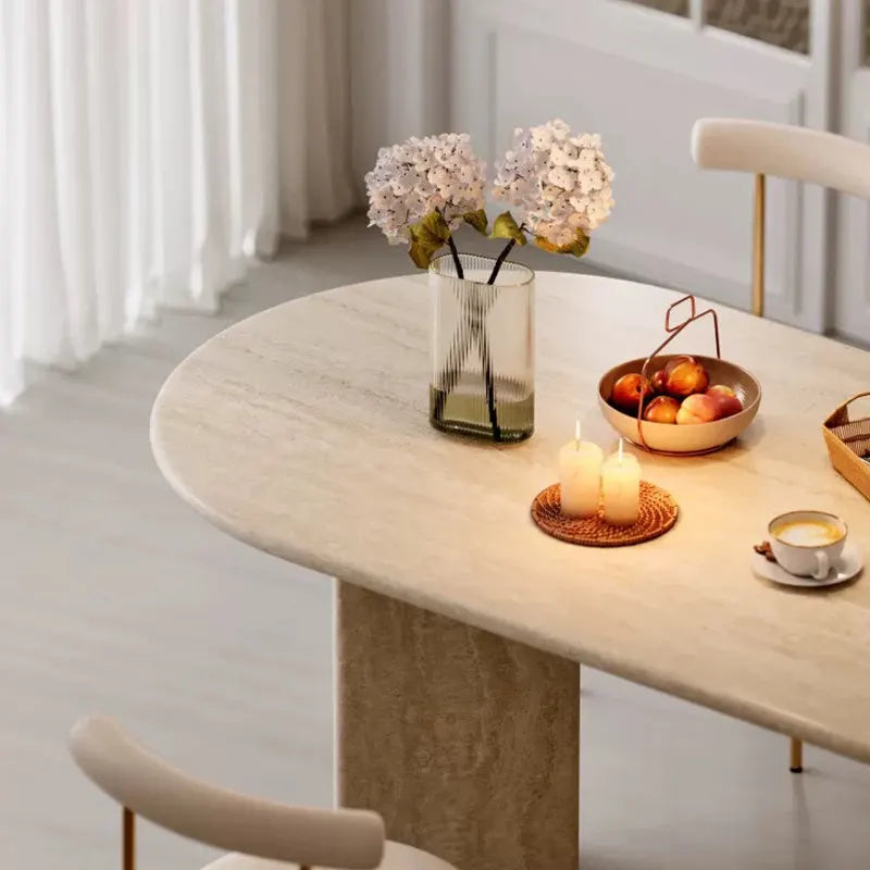 Classic Roman 63-79 inch Natural Travertine Dining Table - Sculptural Monolith Design - Architectural Natural Stone Furniture | LuxuryMarbleHome