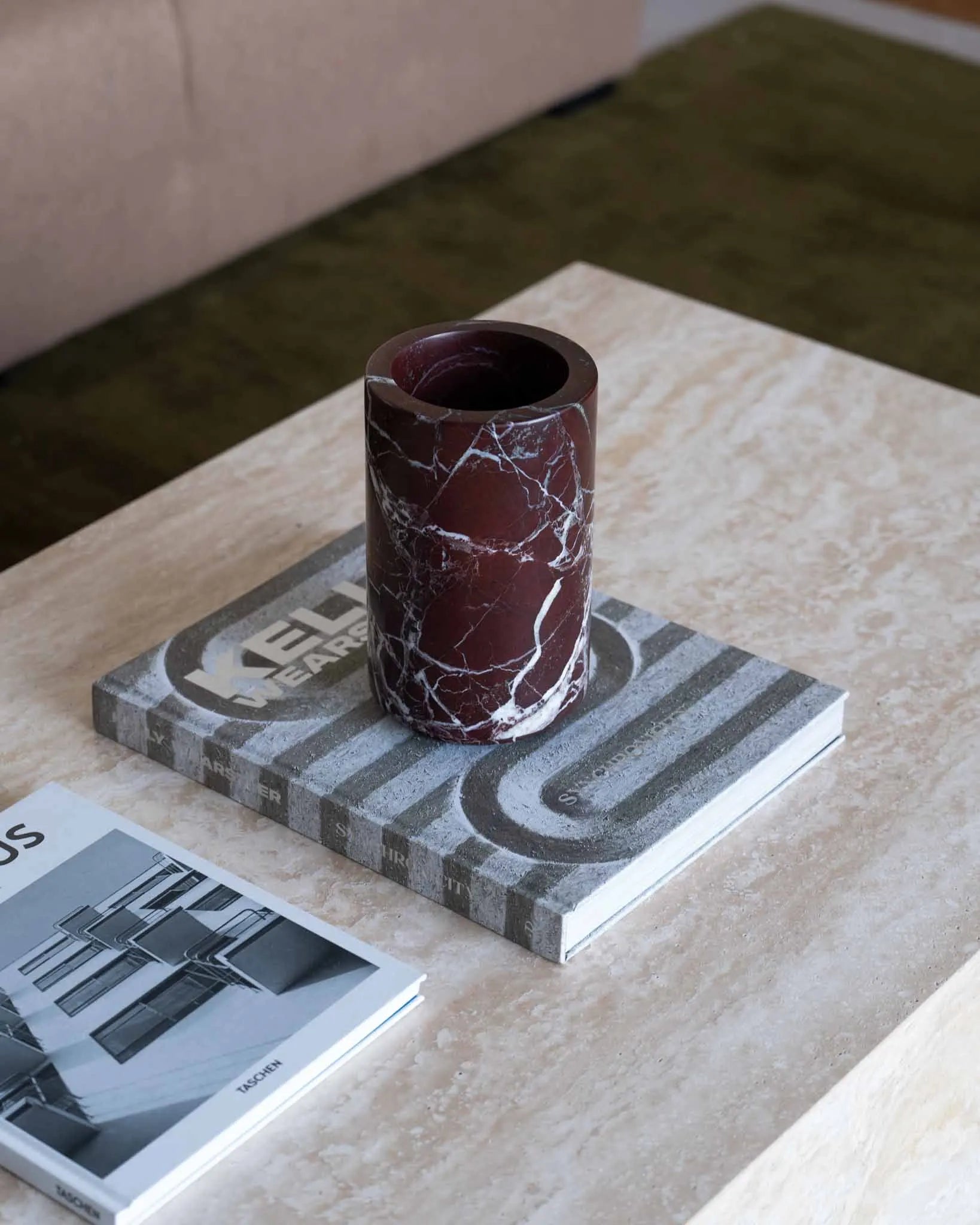 Rectangle Cream Travertine Coffee Table - Minimalist Monolithic Pedestal Design - Architectural Natural Stone Furniture | LuxuryMarbleHome