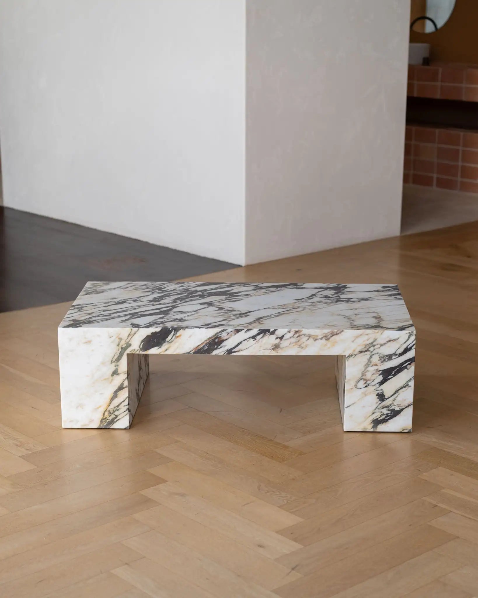 Calacatta Viola Marble Coffee Table - Monolithic Bridge Design - Architectural Natural Stone Furniture | LuxuryMarbleHome