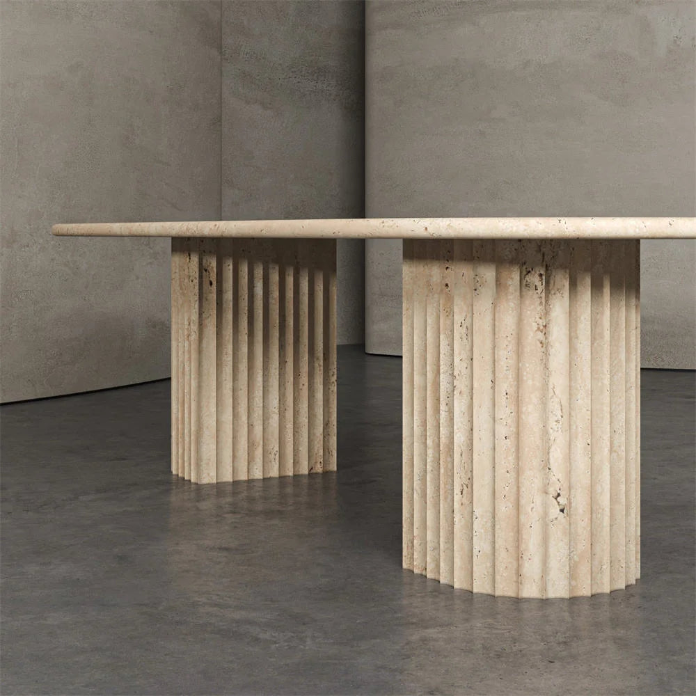 Close-up of Hand-Carved Fluted Pedestal Base - Natural Travertine | LuxuryMarbleHome
