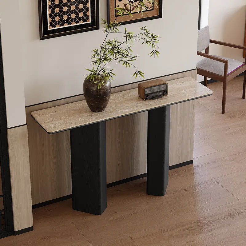 The Noir Pillar: Travertine Sintered Stone & Black Oak Console - Architectural Natural Stone Furniture | LuxuryMarbleHome