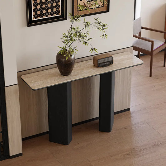The Noir Pillar: Travertine Sintered Stone & Black Oak Console - Architectural Natural Stone Furniture | LuxuryMarbleHome