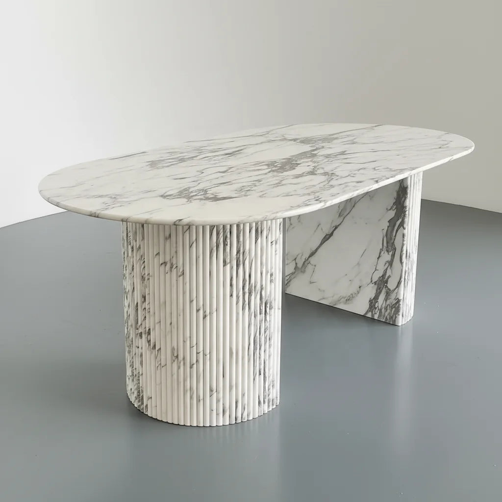 Studio View: Arabescato Elephant White Marble Dining Table with Fluted Pedestals | LuxuryMarbleHome