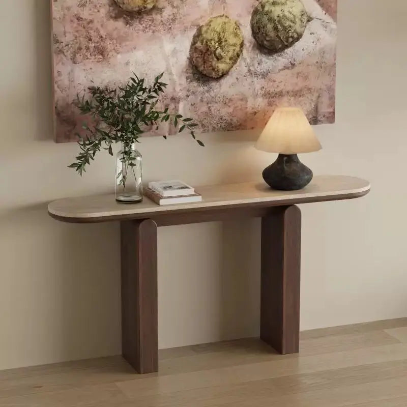 The Serene Pill: Travertine Sintered Stone & Wood Pillar Console - Architectural Natural Stone Furniture | LuxuryMarbleHome