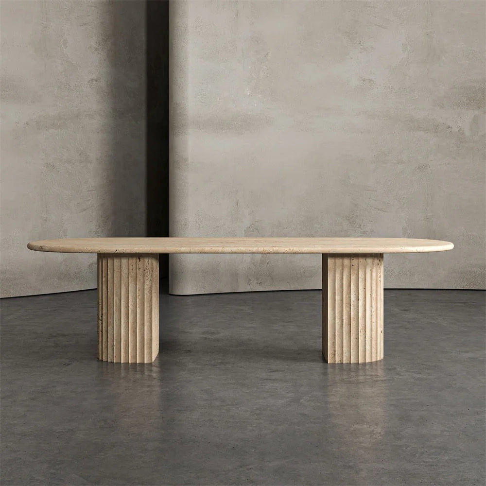 Architectural Fluted Travertine Dining Table - Oval Monolithic Design | LuxuryMarbleHome