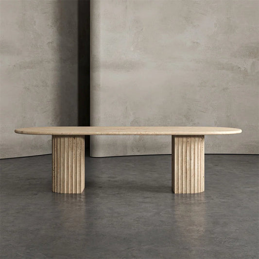 Architectural Fluted Travertine Dining Table - Oval Monolithic Design | LuxuryMarbleHome