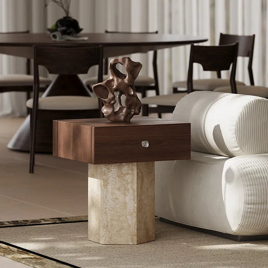 The Artisan's End Table - Natural Stone & Wood with Drawer - Architectural Natural Stone Furniture | LuxuryMarbleHome