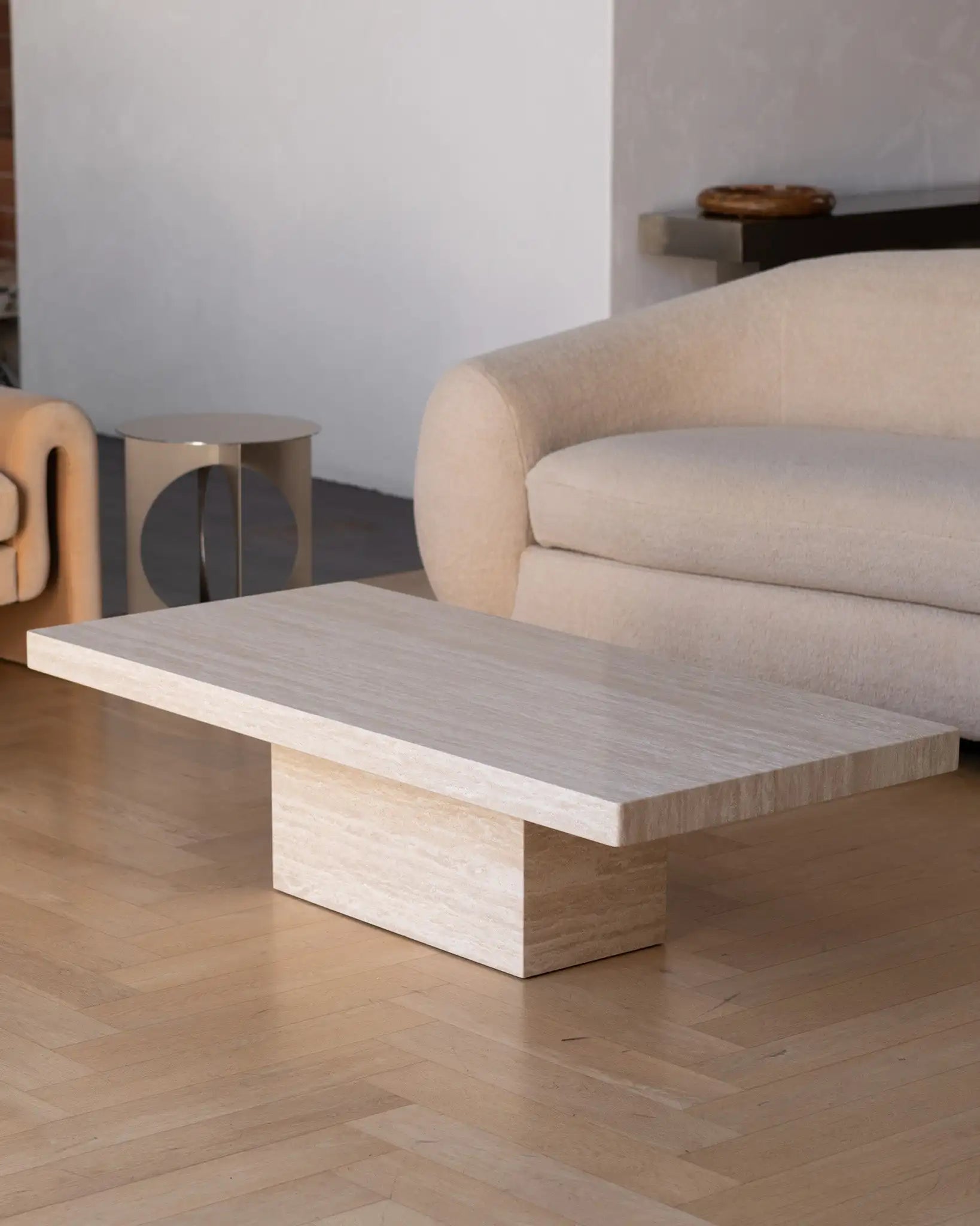 Rectangle Cream Travertine Coffee Table - Minimalist Monolithic Pedestal Design - Architectural Natural Stone Furniture | LuxuryMarbleHome
