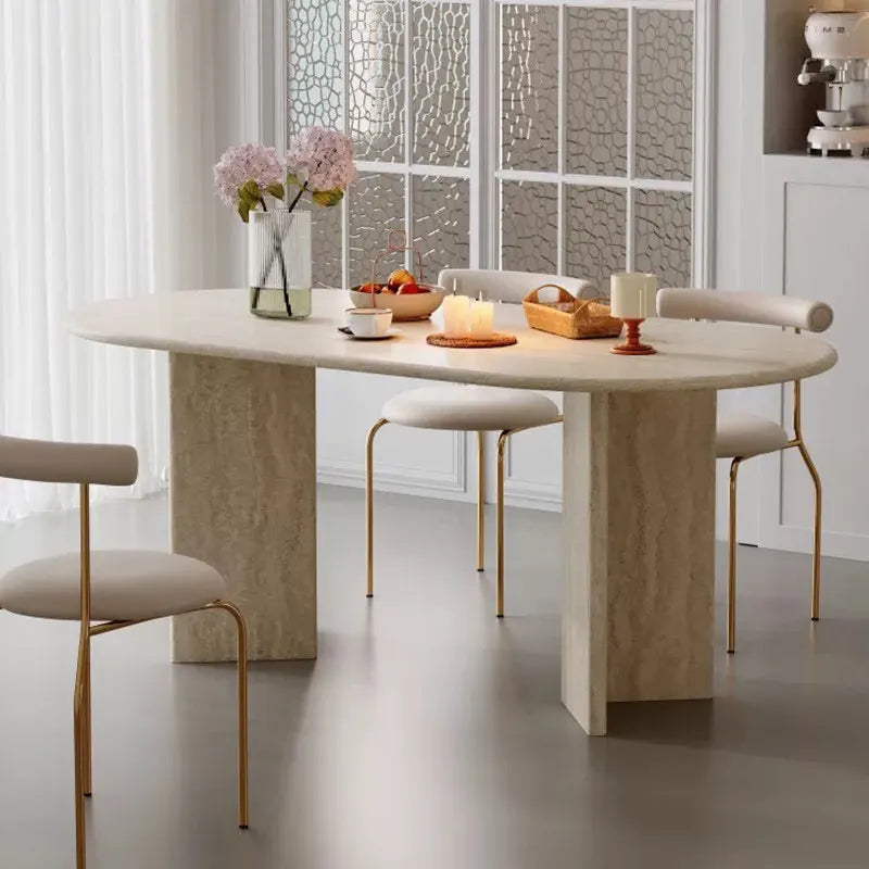 Classic Roman 63-79 inch Natural Travertine Dining Table - Sculptural Monolith Design - Architectural Natural Stone Furniture | LuxuryMarbleHome