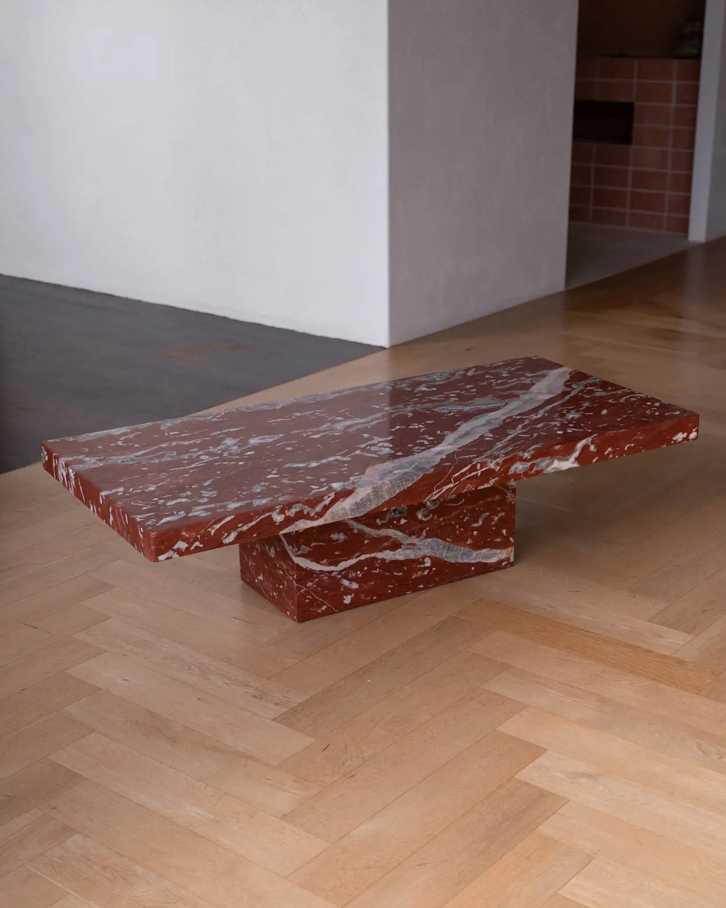 Rosso Francia Red Marble Coffee Table - Monolithic Pedestal Design - Architectural Natural Stone Furniture | LuxuryMarbleHome
